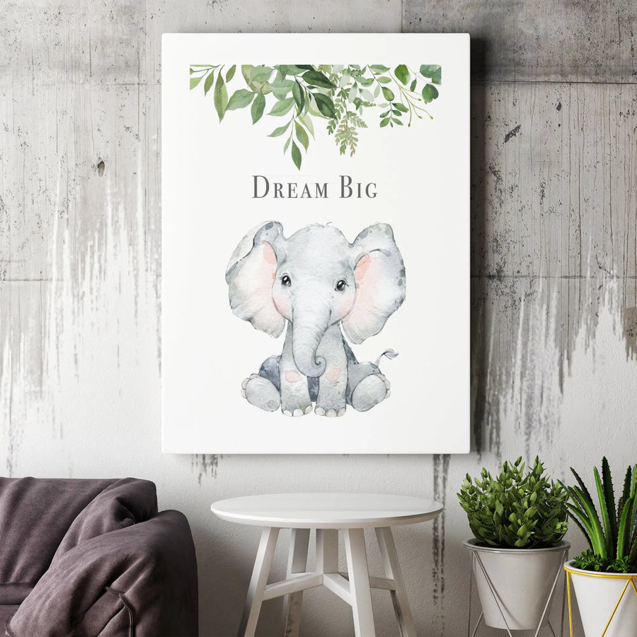 Baby Elephant Nursery Wall Art | Dream Big Watercolor Greenery Print | Premium 1.25-Inch Gallery Canvas | Baby Shower Gift Idea