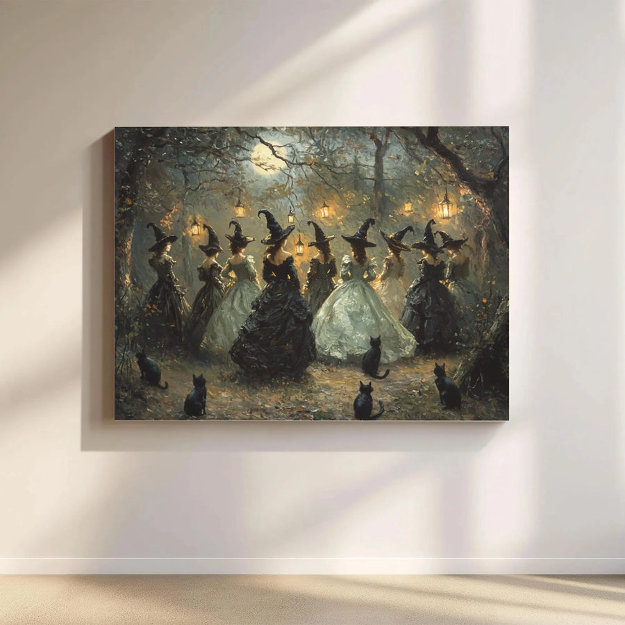 Witch Coven Canvas Art | Vintage Moonlit Forest With Black Cats | Premium 1.25" Gallery Wrap | Gothic Halloween Home Decor Gift