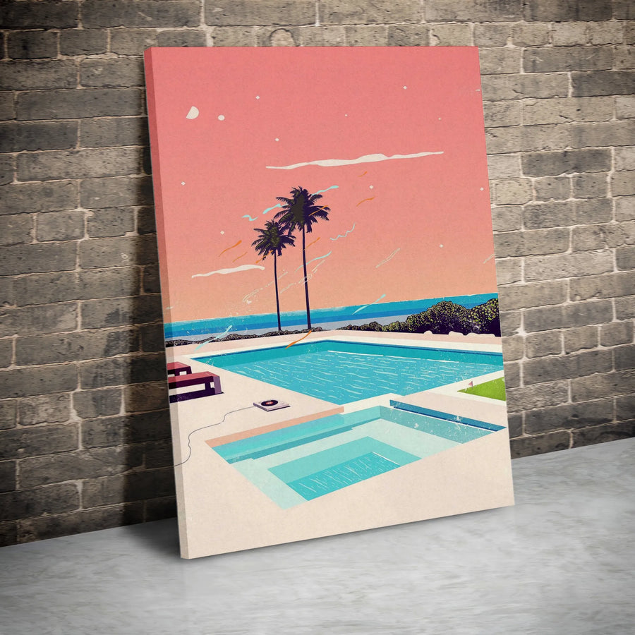Retro Poolside Canvas Print | Minimalist Palm Tree Art with Vaporwave Aesthetic | Premium Gallery Wrapped Canvas | Modern Home Decor Gift for Living Room