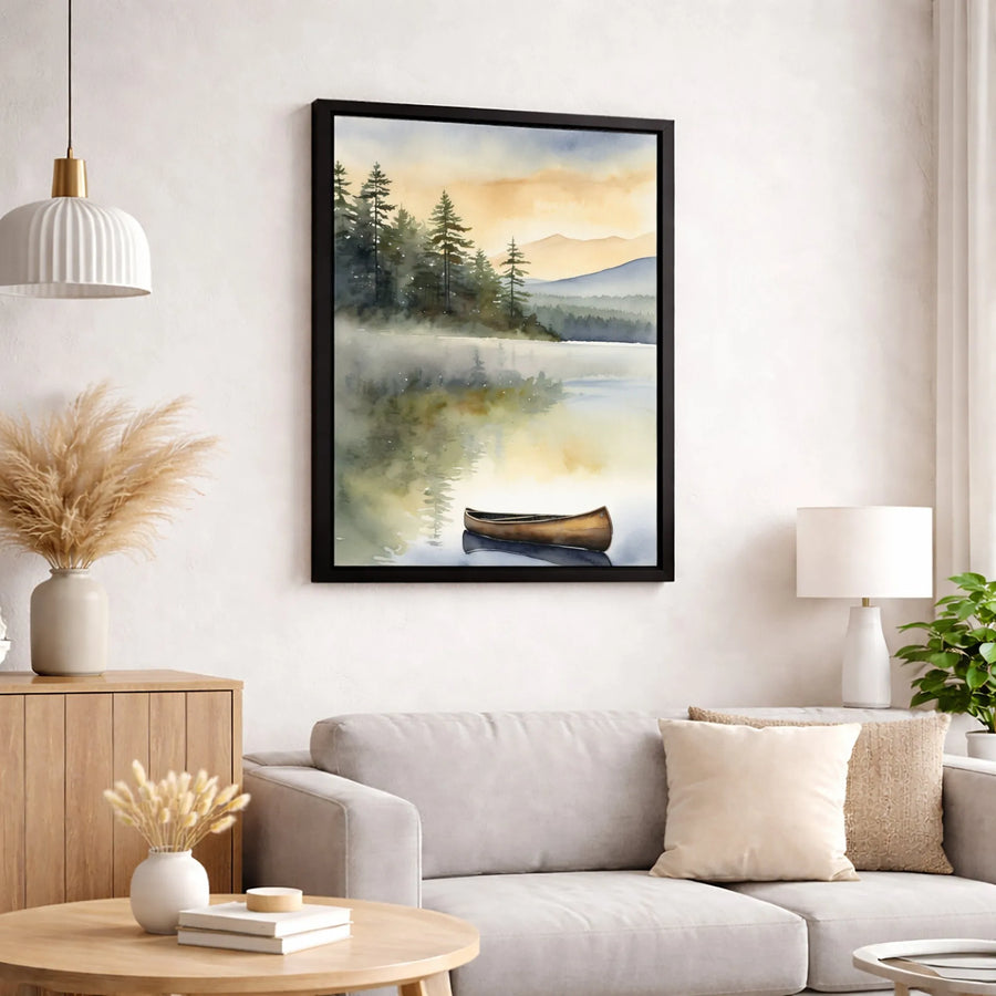 Watercolor Canoe Canvas Wall Art | Misty Lake Forest Landscape | Premium Gallery Wrapped Print | Nature Cabin Decor for Living Room