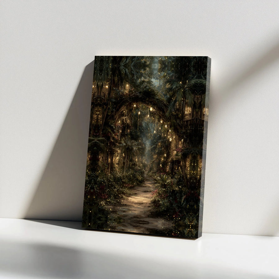 Enchanted Forest Canvas Wall Art | Whimsical Fairy Tale Path with Glowing Lanterns | Premium Gallery Wrapped | Magical Home Decor Gift for Her