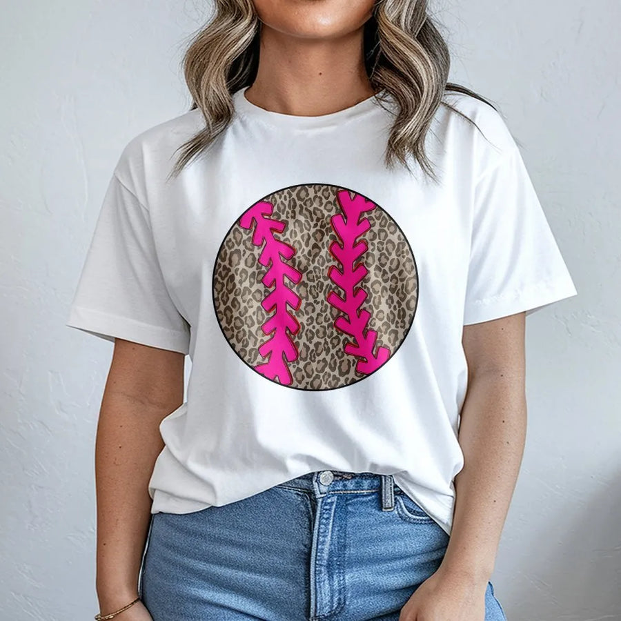 Leopard Print Baseball T-Shirt | Cute Cheetah Ball Graphic with Pink Stitching | Premium Soft Cotton Blend | Game Day Gift for Mom
