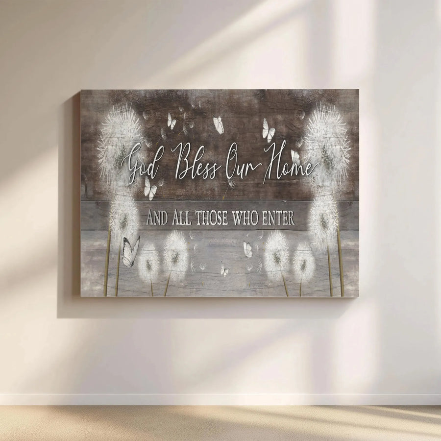 God Bless Our Home Canvas Wall Art | Dandelion And Butterfly Farmhouse Decor | Premium Gallery Wrapped Print | Inspirational Religious Home Gift