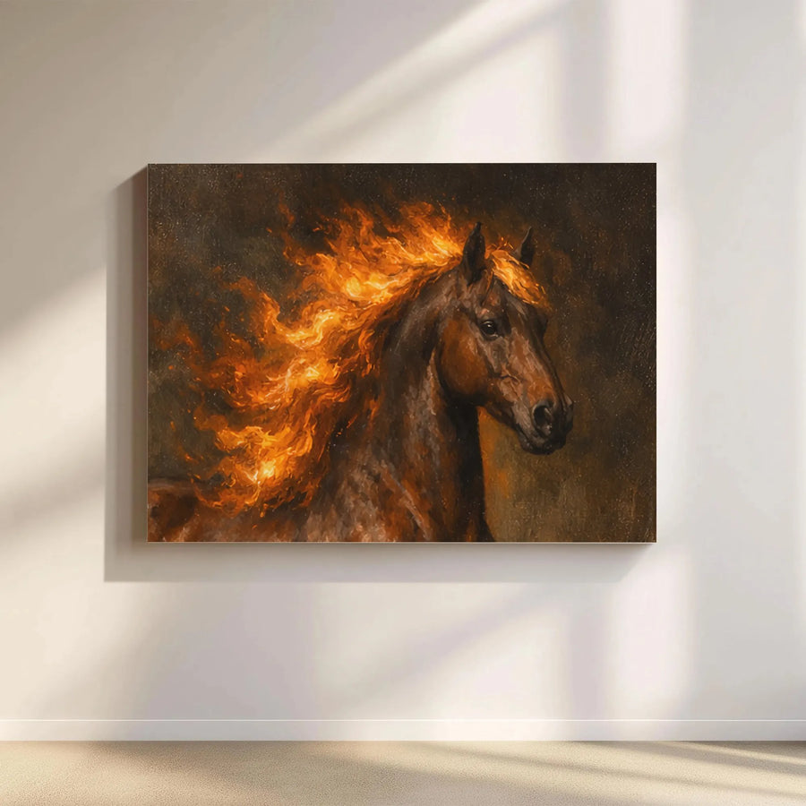 Fiery Horse Wall Art | Abstract Flame Mane Canvas Painting | Premium Gallery Wrapped Decor | Equestrian Wildlife Gift for Horse Lovers