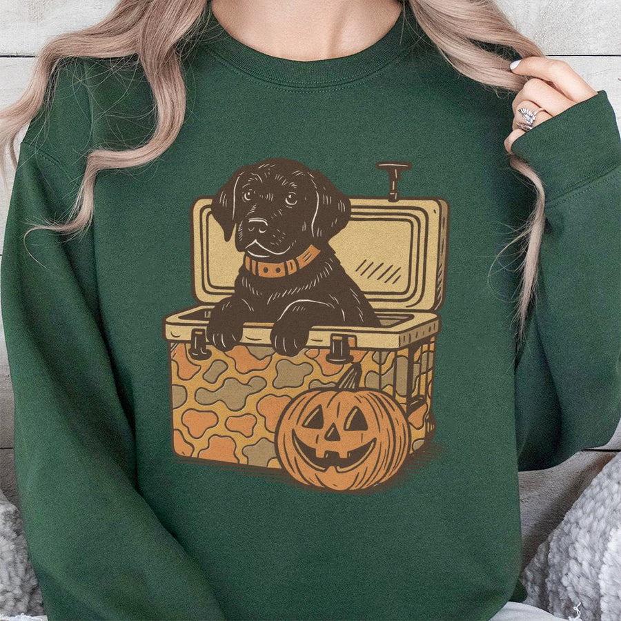 Black Lab Halloween Sweatshirt | Camo Cooler Hunting Dog Graphic | Premium Cotton Blend | Gift for Dog Lovers and Outdoor Enthusiasts