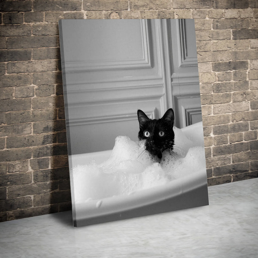 Black Cat in Bathtub Wall Art | Funny Bathing Kitten Photography | Premium Gallery Wrapped Canvas | Whimsical Bathroom Decor Gift
