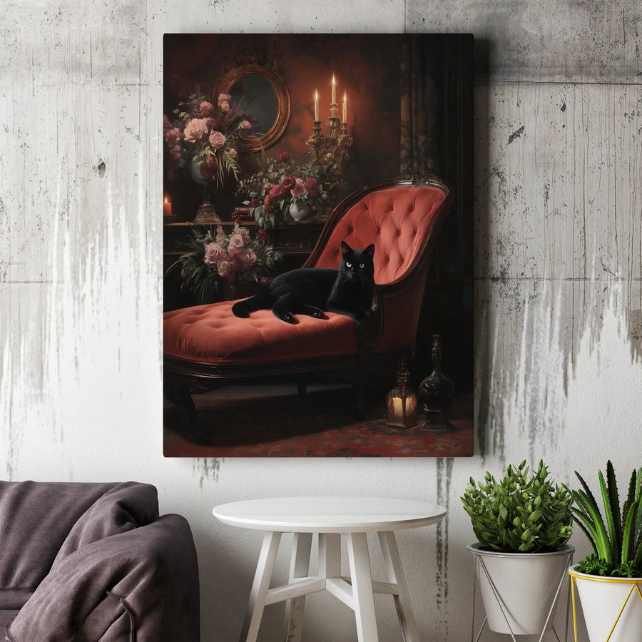 Black Cat Wall Art | Moody Victorian Gothic Portrait on Velvet Chaise | Premium Gallery Canvas | Dark Academia Home Decor Gift