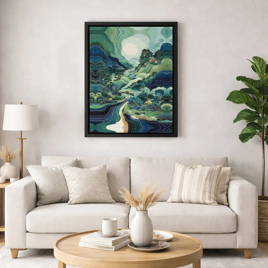 Japanese Mountain Landscape Canvas Art | Ukiyo-E Inspired River Temple Wall Decor | Premium 1.25 Inch Gallery Wrap | Serene Nature Home Gift