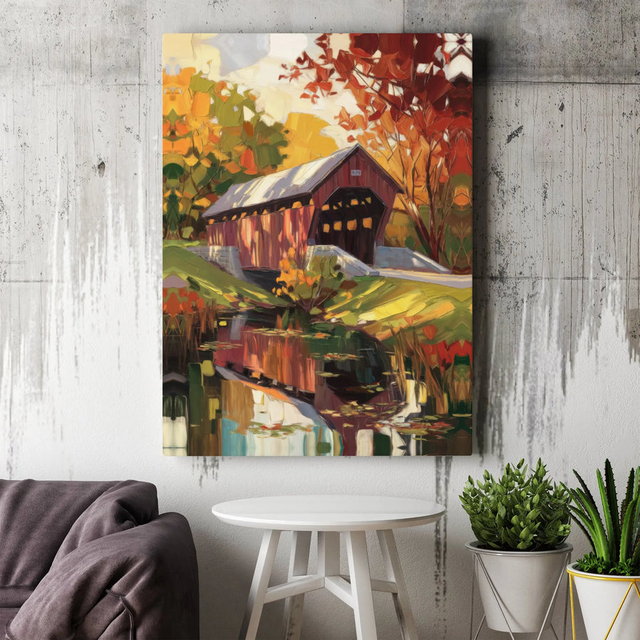 Covered Bridge Autumn Landscape Canvas Print | Impressionist Fall Foliage Wall Art | Premium Fade-Resistant Gallery Wrap | Rustic Home Decor Gift