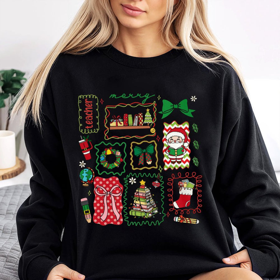 Merry Teacher Christmas Sweatshirt | Festive School Supplies Graphic Print | Premium Cotton-Poly Blend | Perfect Holiday Gift For Teachers