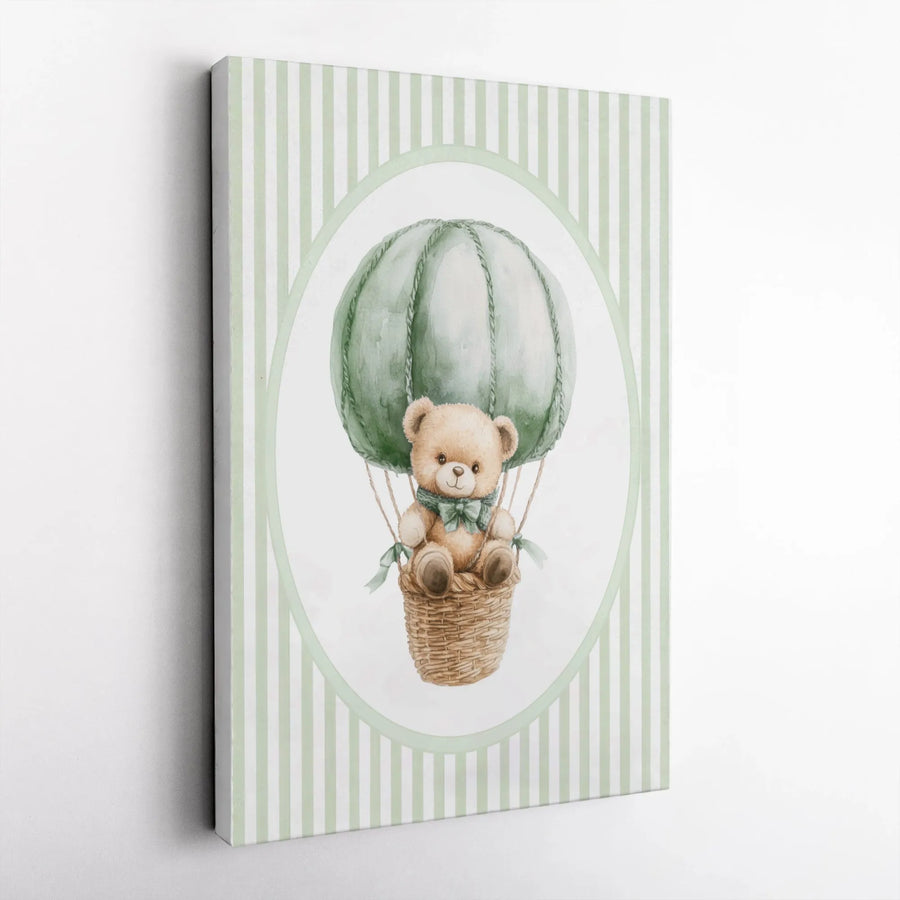 Watercolor Teddy Bear Wall Art | Sage Green Hot Air Balloon Print | Gallery-Quality Thick Canvas | Nursery Decor Gift for Kids