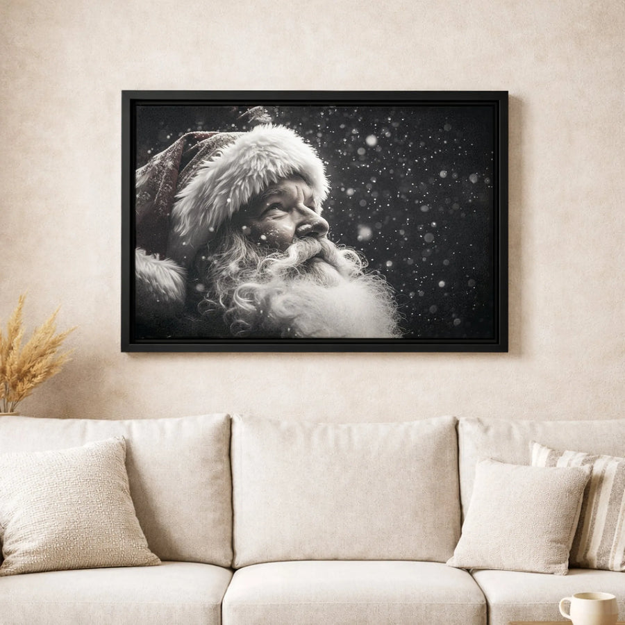 Santa Claus Canvas Wall Art | Black and White Snowy Portrait | Premium Gallery Wrap Print | Festive Holiday Home Decor