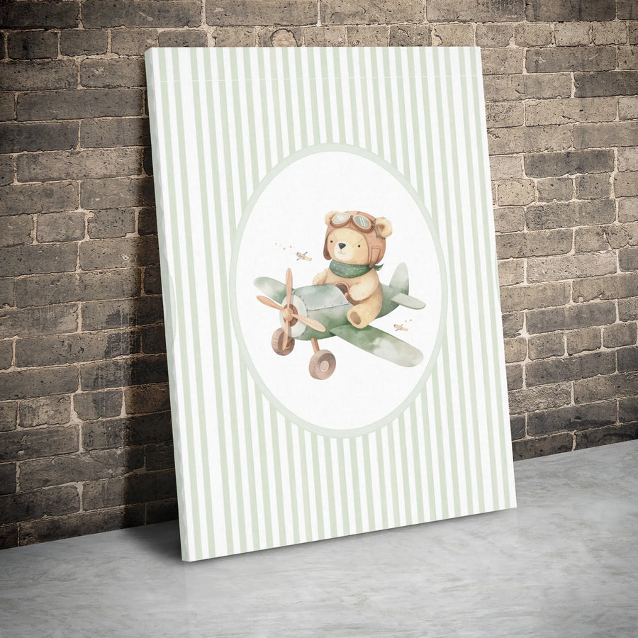 Watercolor Teddy Bear Pilot Canvas | Cute Airplane Wall Art | Premium Gallery Wrap Decor | Nursery Room Gift for Kids & Baby Boys