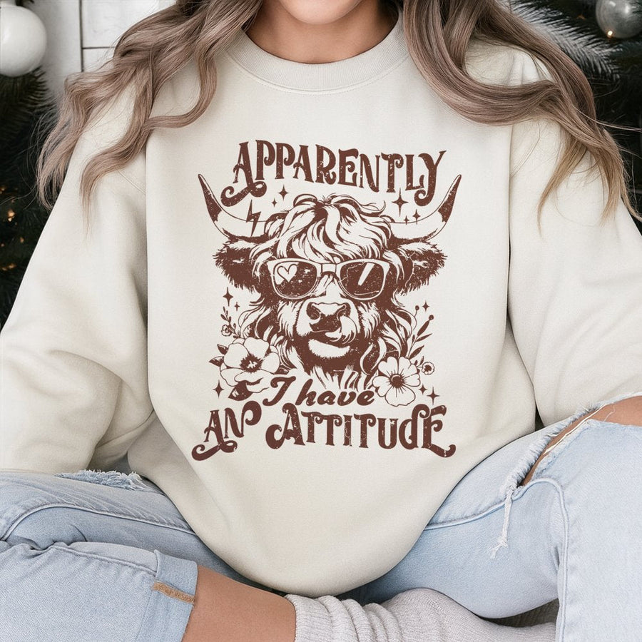 Highland Cow Sweatshirt | Apparently I Have An Attitude Graphic | Premium Cotton Blend | Funny Farm Animal Gift For Women And Cow Lovers