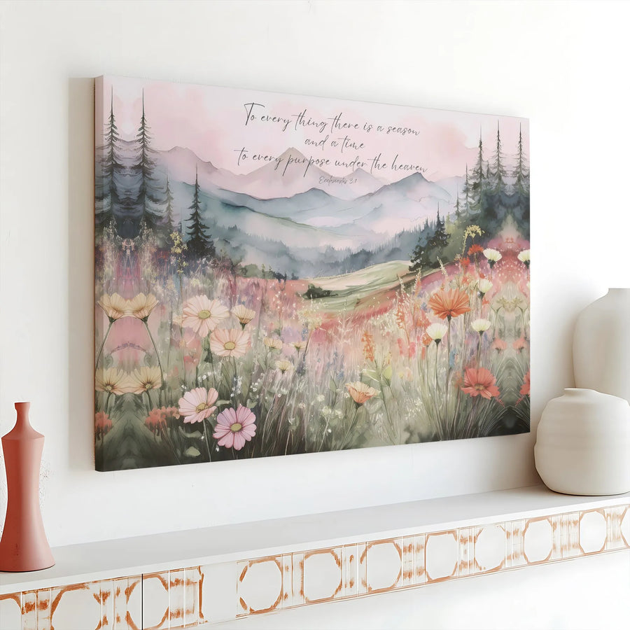 Ecclesiastes 3:1 Canvas Wall Art | To Every Thing There Is A Season Watercolor Landscape | Premium Gallery Wrap Print | Faithful Home Decor Gift