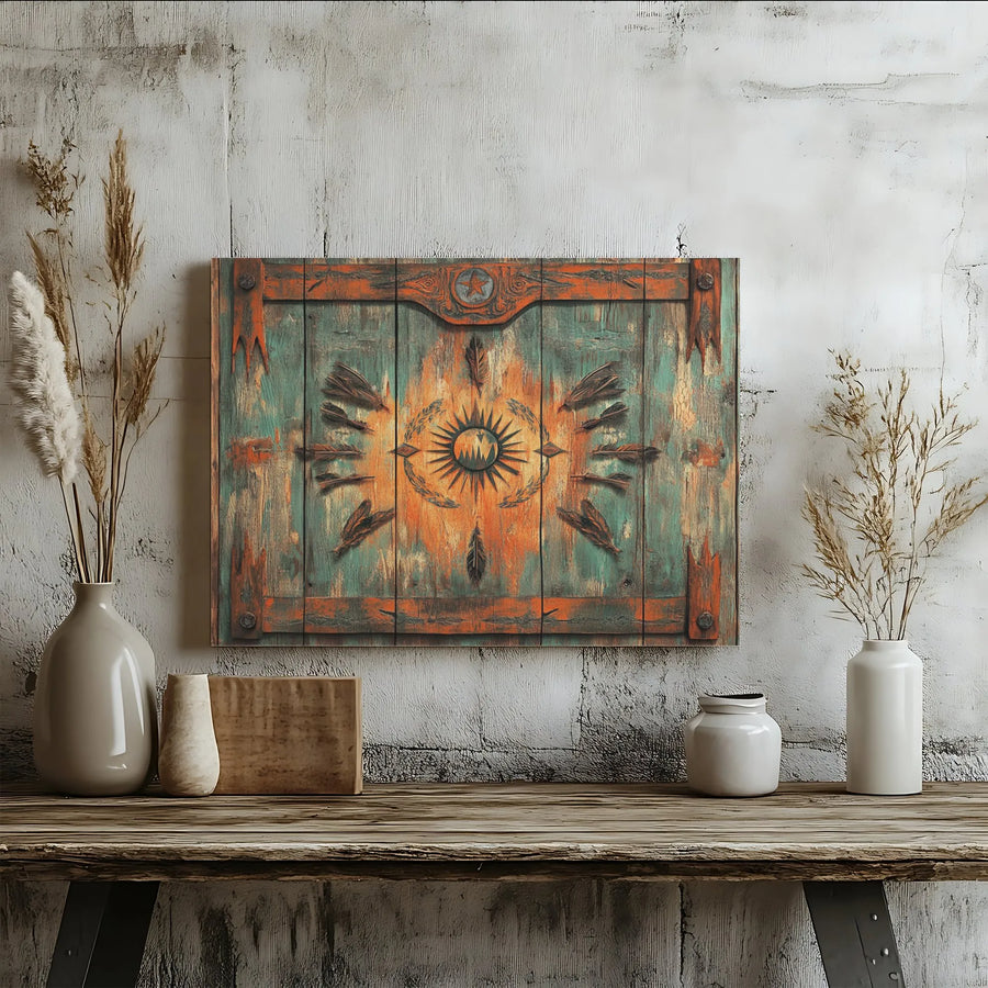 Rustic Southwestern Canvas Art | Distressed Barnwood Look with Sun Medallion | Premium Gallery Wrapped Canvas | Lodge & Ranch Decor Gift