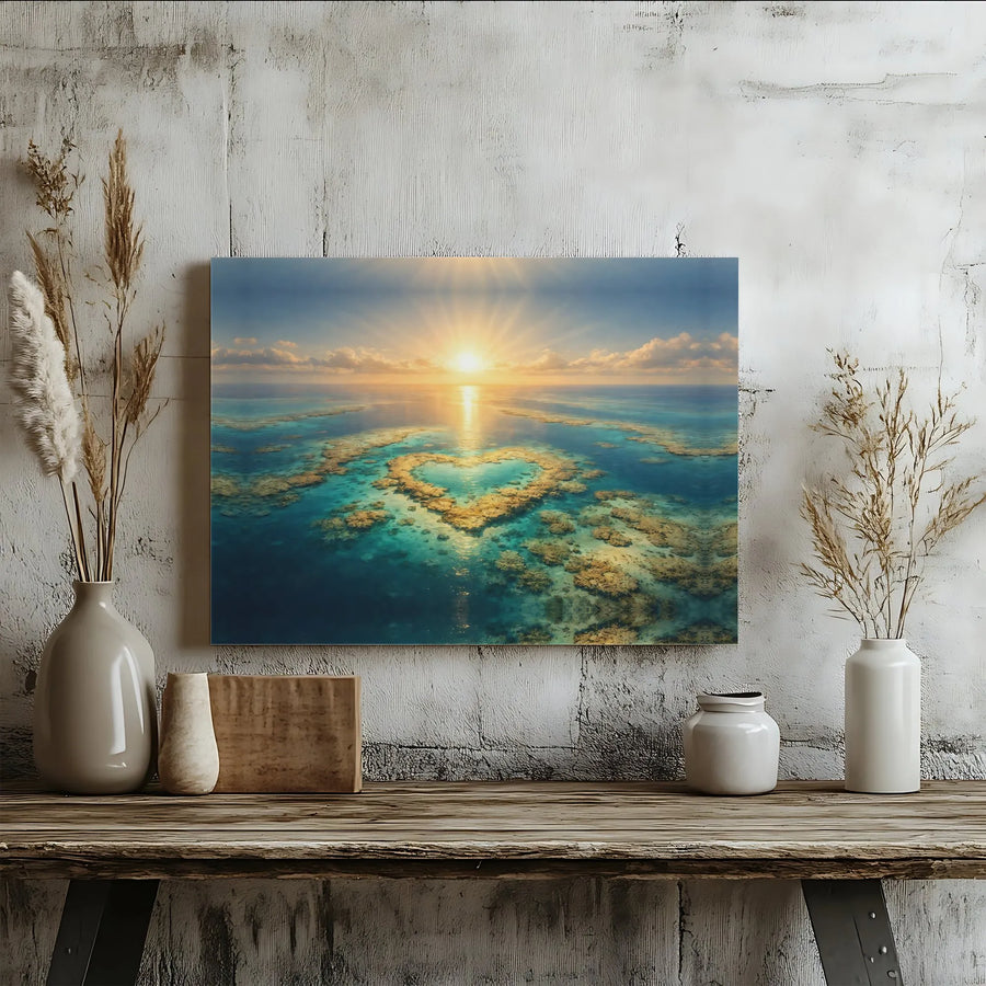 Heart Reef Canvas Wall Art | Tropical Sunset Over Coral Sea | Premium Gallery Wrapped Canvas | Romantic Gift for Coastal Home Decor