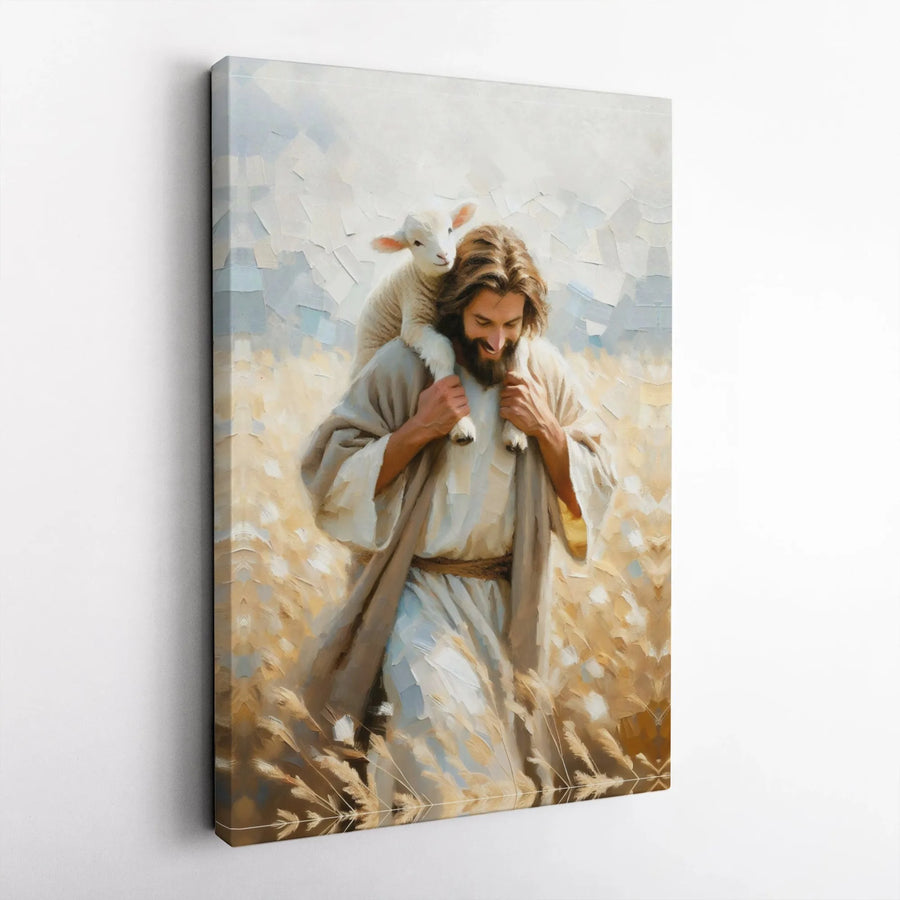 Jesus Carrying A Lamb Canvas Wall Art | Impressionist Oil Painting Style | Premium Gallery Wrap Print | Christian Home Decor & Religious Gift