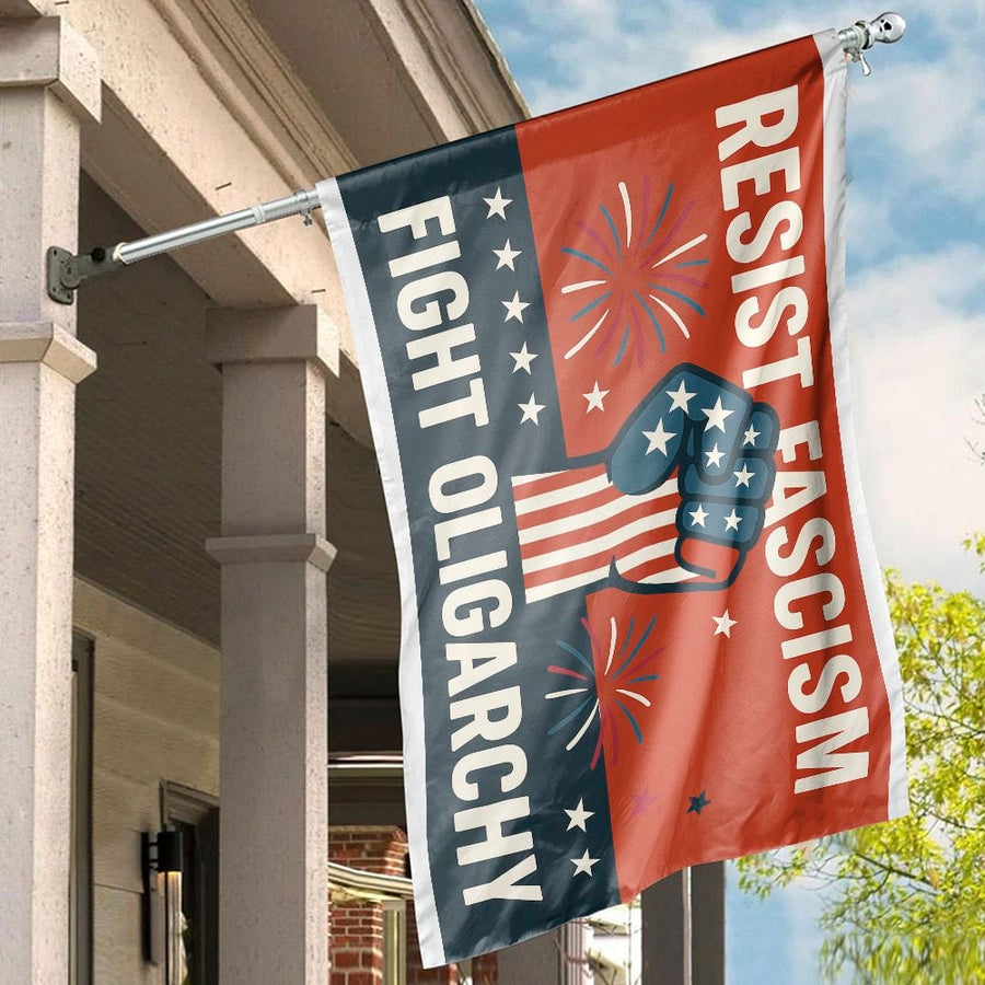 Resist Fascism Fight Oligarchy Flag | Patriotic Fist Graphic Banner | Durable Premium Polyester | Bold Statement Decor for Home
