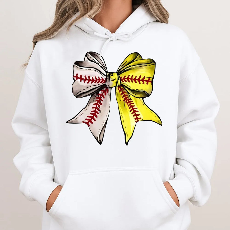 Baseball Softball Bow Hoodie | Coquette Sports Aesthetic Graphic | Premium Cotton Blend | Gift for Baseball Mom or Player
