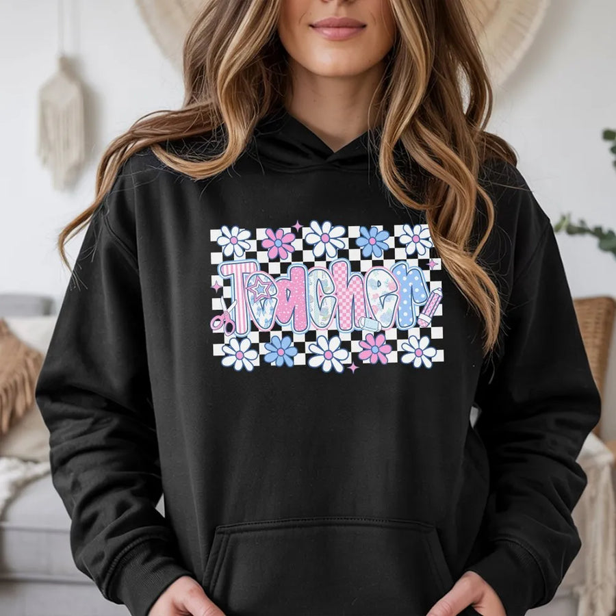 Coquette Teacher Hoodie | Cute Pastel Floral Graphic | Soft Cotton Blend | Preppy Back to School Gift for Teachers