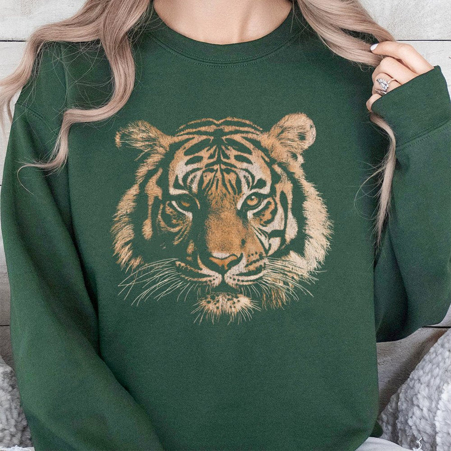 Retro Tiger Sweatshirt | Aesthetic Wildlife Graphic Print | Premium Cotton Blend Cozy Crewneck | Trendy Nature Lover Gift for Her & Him