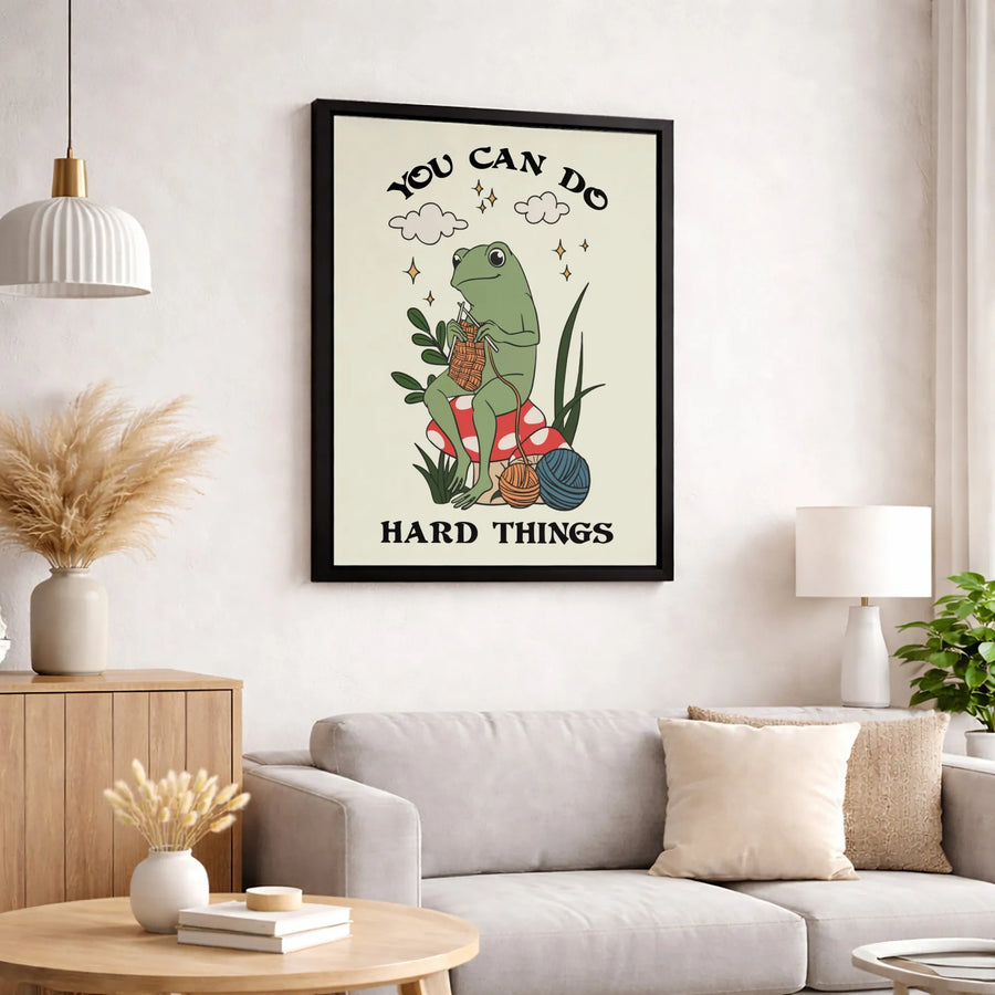 Knitting Frog Canvas Art | You Can Do Hard Things Quote | Premium Cottagecore Wall Decor | Inspirational Gift for Crafters and Knitters