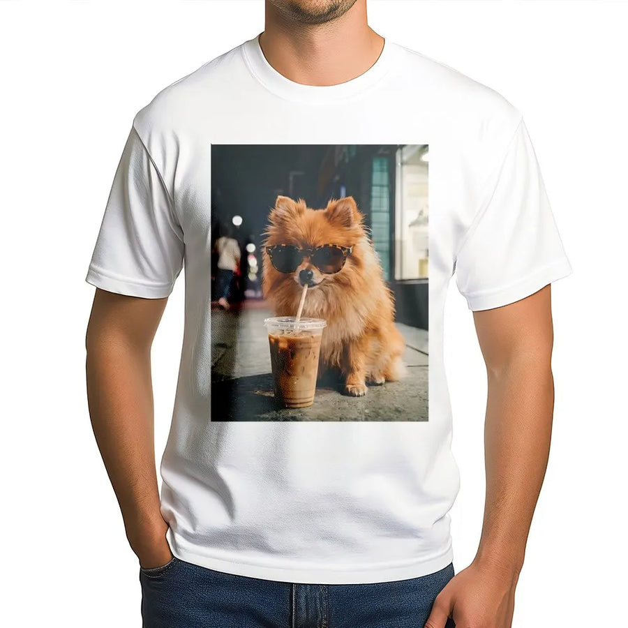 Pomeranian Dog T-Shirt | Funny Dog with Sunglasses Drinking Coffee | Premium Cotton Blend Pullover | Gift for Dog Lover & Coffee Fan
