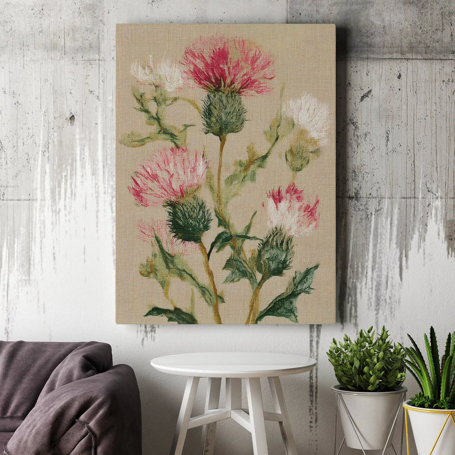 Scottish Thistle Vertical Canvas | Vintage Botanical Wildflower Print | Premium Thick Gallery Wrap | Modern Farmhouse Decor Gift