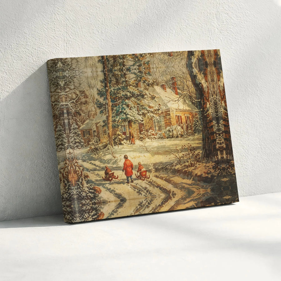 Winter Sledding Wall Art | Vintage Snowy Log Cabin Landscape | Premium Gallery-Wrap Canvas | Holiday Home Decor Gift