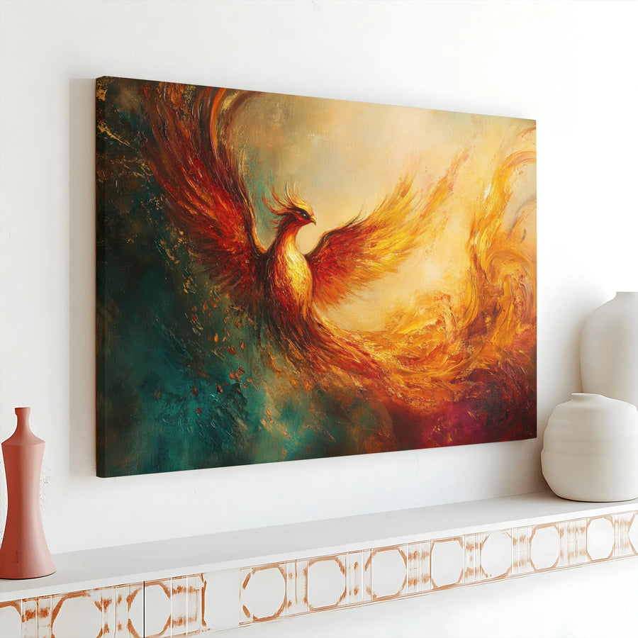 Fiery Phoenix Canvas Wall Art | Rising Phoenix Abstract Oil Painting Print | Premium 1.25” Gallery Wrap | Mythical Bird Decor for Living Room