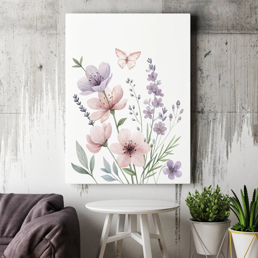 Watercolor Wildflower Canvas Print | Pink and Purple Floral Butterfly Wall Art | Premium Gallery Wrapped Decor | Botanical Living Room Gift