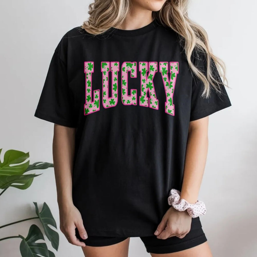 Lucky Shamrock T-Shirt | St. Patrick's Day Pink Varsity Letter Print | Premium Soft Cotton Tee | Cute Irish Gift For Women & Teens