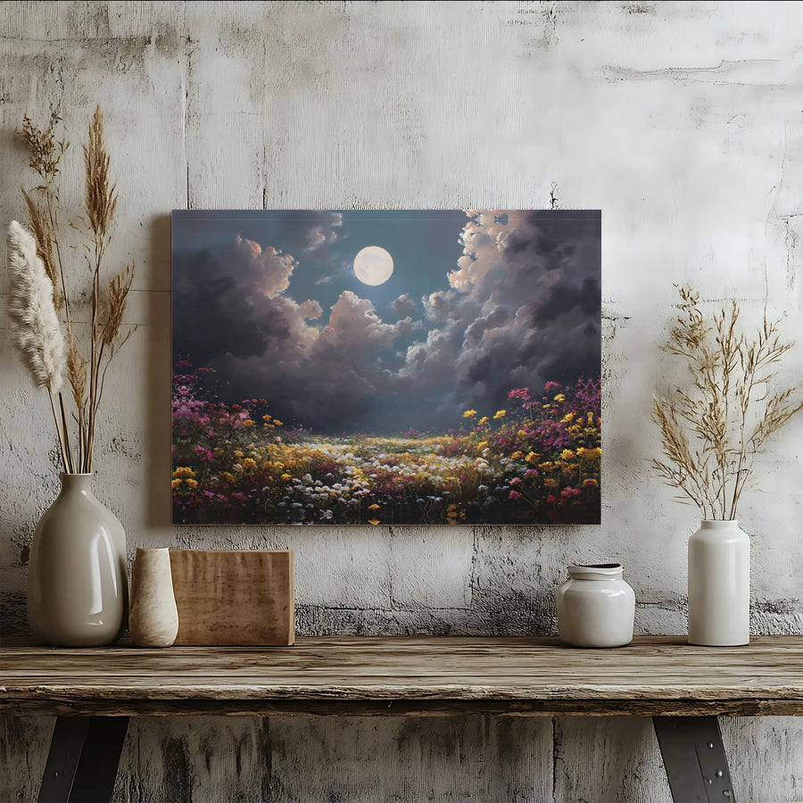 Moonlit Wildflower Meadow Canvas | Moody Floral Landscape Painting | Premium Fade-Resistant Print | Living Room Wall Decor Gift