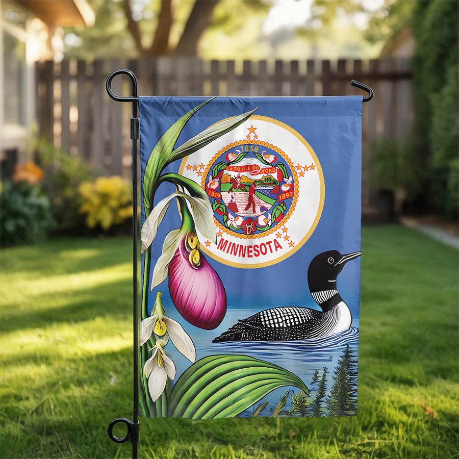 Minnesota State Garden Flag | Lady Slipper and Loon Nature Design | Premium Weather-Resistant Polyester | Outdoor Yard Decor Gift