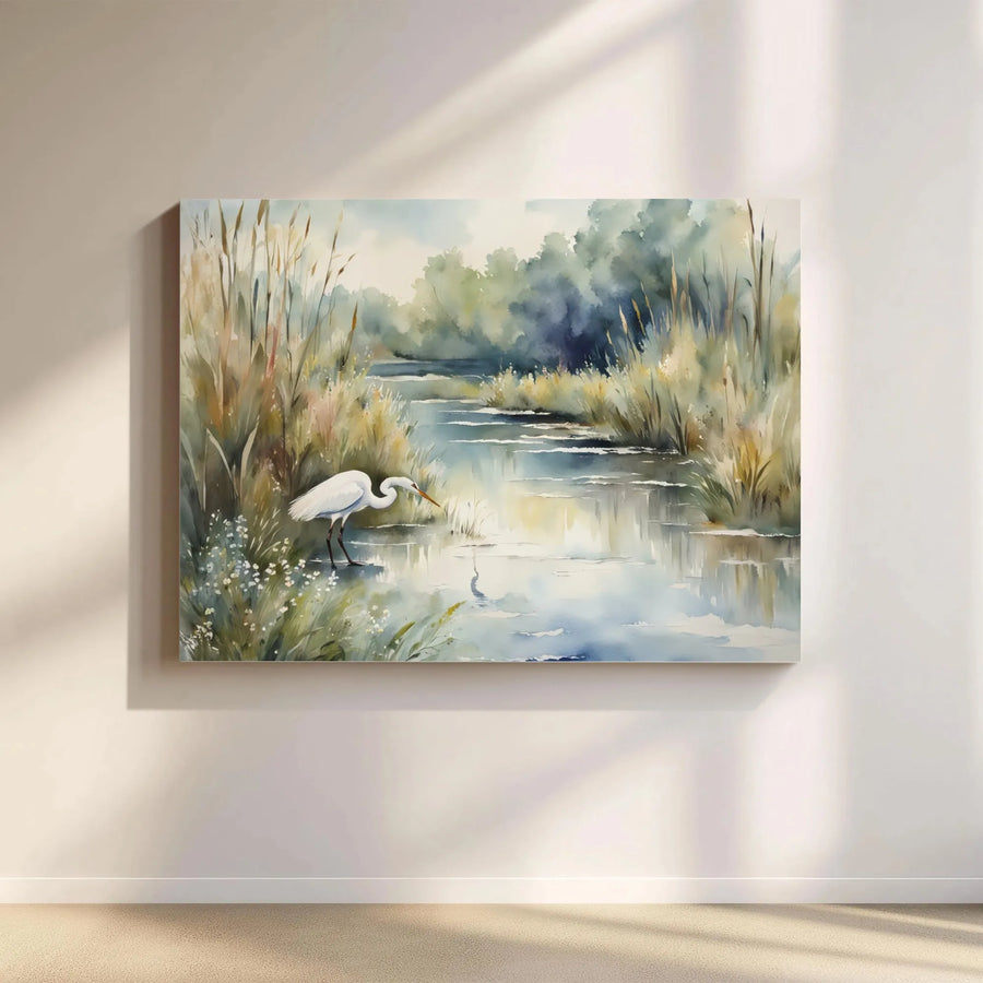 Great Egret Canvas Art | Watercolor Marshland River Landscape | Premium Gallery Wrap Print | Nature Wall Decor For Living Room Office