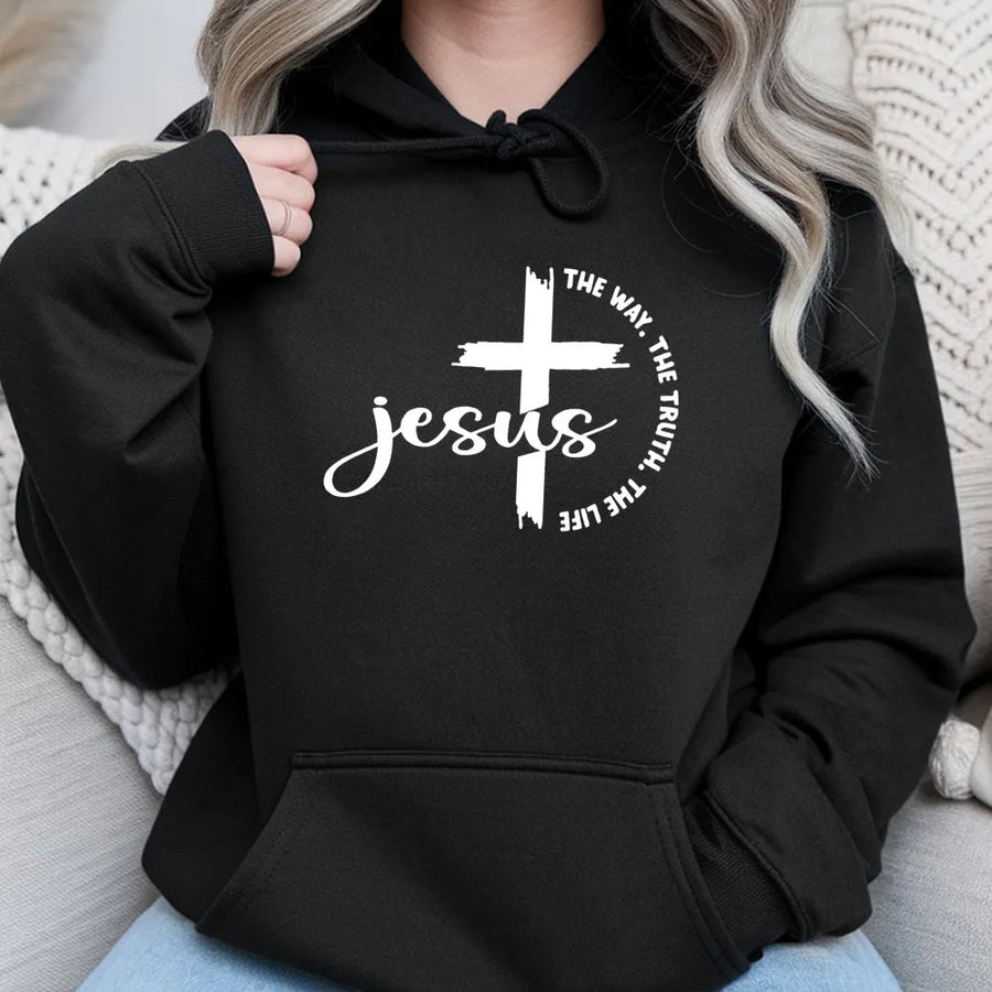 Jesus The Way The Truth The Life Hoodie | Christian Scripture Cross Graphic | Soft Cotton-Blend Premium Apparel | Faith Based Religious Gift For Her