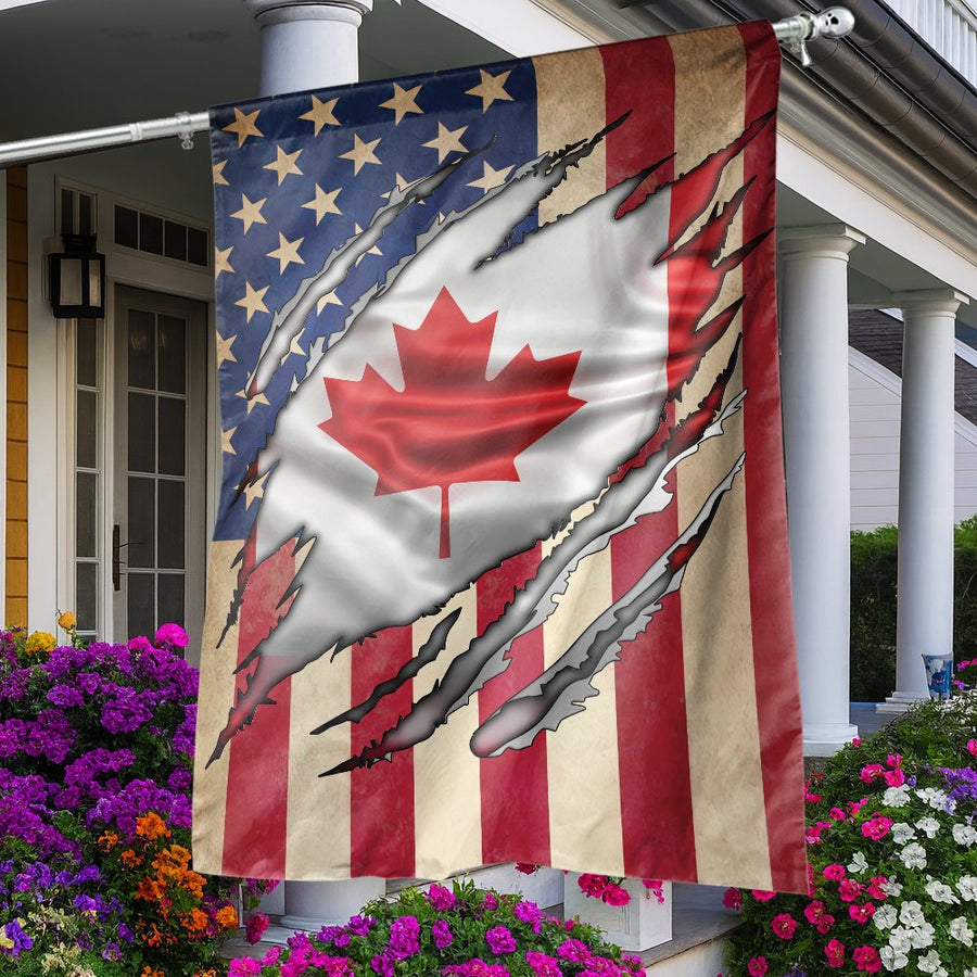 USA Canada Flag House Banner | Torn Reveal Patriotic Design | Premium Weather-Resistant Polyester | Outdoor Garden Decor Gift for Dual Citizen