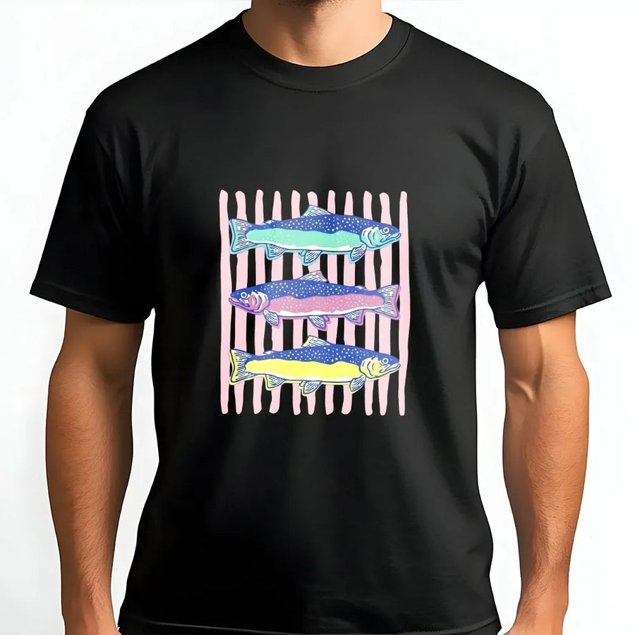 Striped Trout T-Shirt | Preppy Fishing Crewneck with Colorful Fish Graphic | Cozy Cotton Blend | Trendy Angler Gift for Her