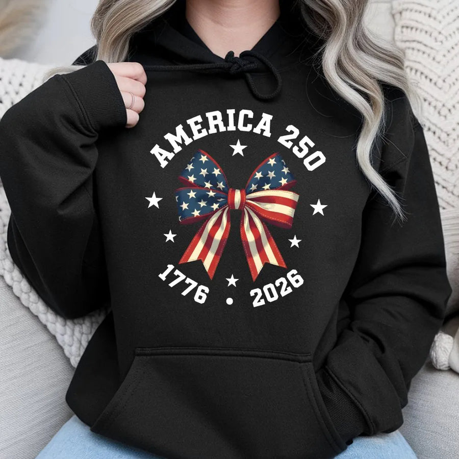 USA 250th Anniversary Hoodie | Stars and Stripes Bow Graphic | Soft Cotton-Polyester Blend | Patriotic July 4th Gift for Independence Day