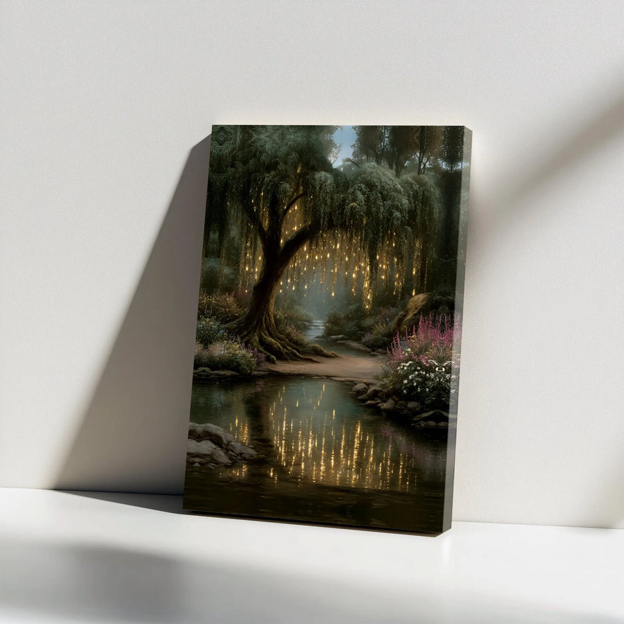 Enchanted Forest Canvas Wall Art | Weeping Willow with Glowing Fairy Lights | Premium Fade-Resistant Print | Fantasy Bedroom Decor Gift