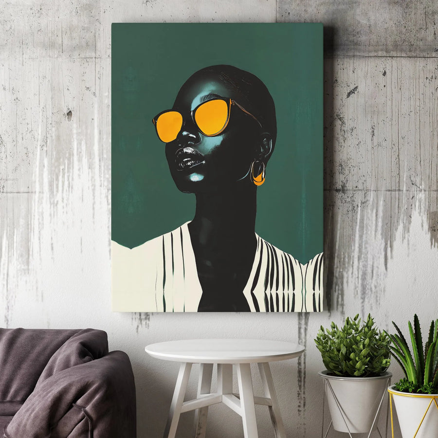Black Woman Portrait Canvas Wall Art | Modern Fashion Illustration with Orange Sunglasses | Gallery-Quality Thick Profile | Stylish Home Decor Gift