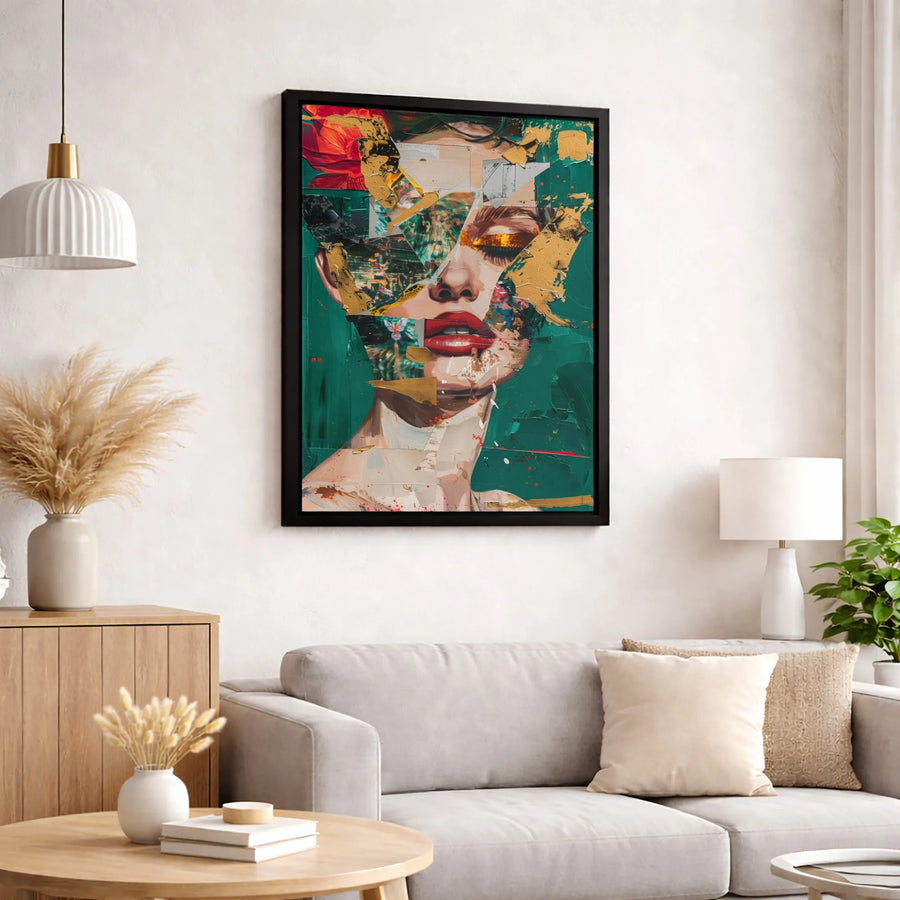 Abstract Woman Face Wall Art | Gold Leaf Collage Print | Premium Gallery Wrapped Canvas | Modern Home Decor Gift For Her