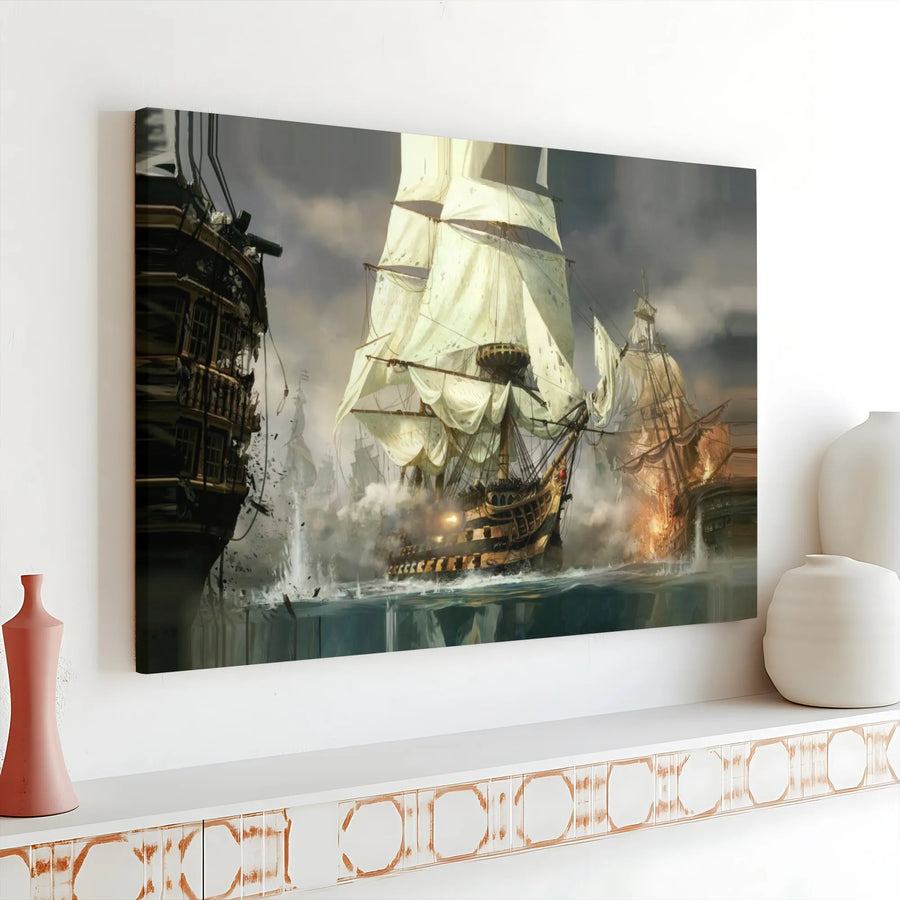 Historic Tall Ship Battle Canvas | Epic Naval War Scene Print | Premium Gallery-Wrapped Art | Collector's Gift for Nautical Decor