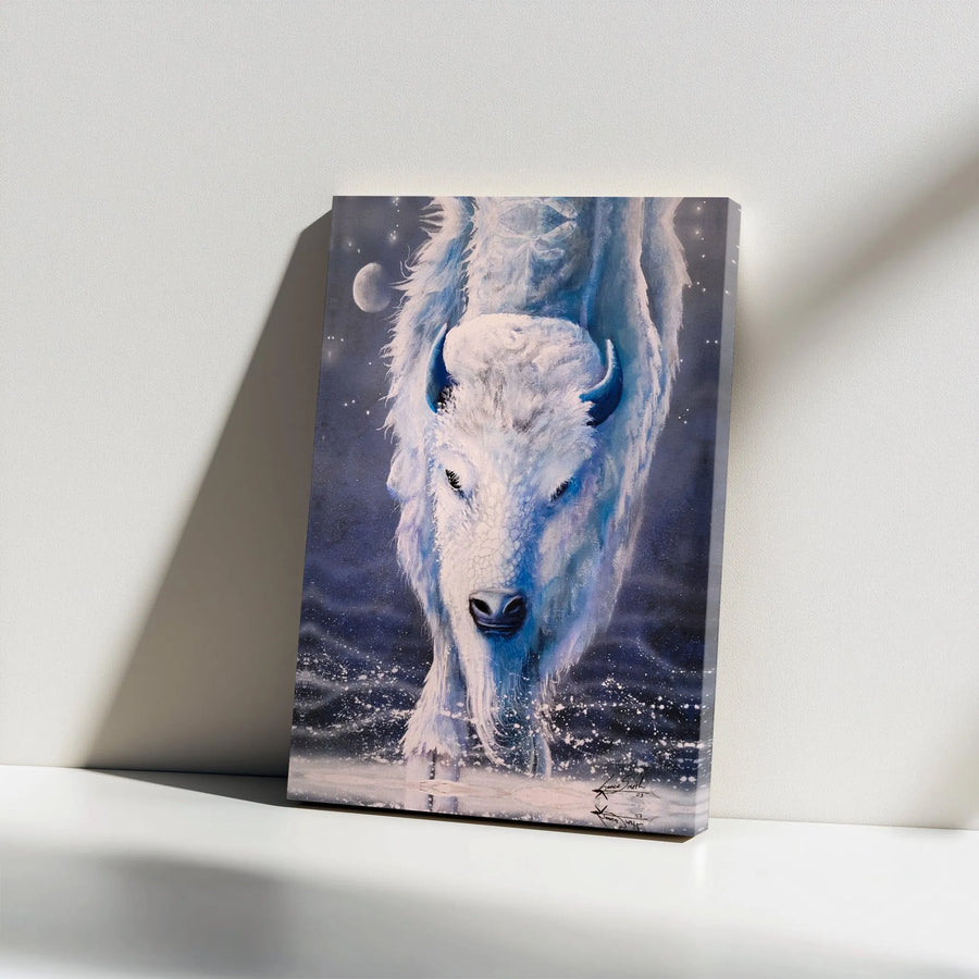 White Buffalo Canvas Art | Mystical Bison Walking in Snow | Premium Gallery Wrap Wall Decor | Wildlife Nature Gift for Home and Office