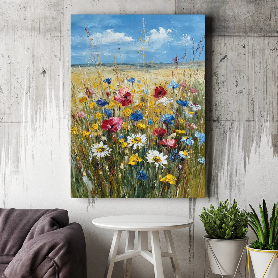 Wildflower Meadow Canvas Wall Art | Textured Floral Painting Print | Premium Gallery Wrapped Canvas | Modern Farmhouse Living Room Decor Gift