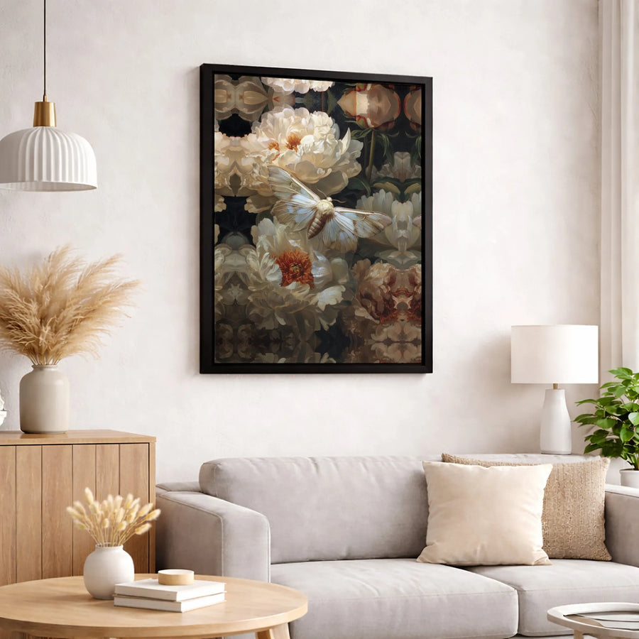 White Moth Canvas Wall Art | Botanical Peony Flower Painting | Premium Gallery Wrap Print | Vintage Nature Home Decor Gift
