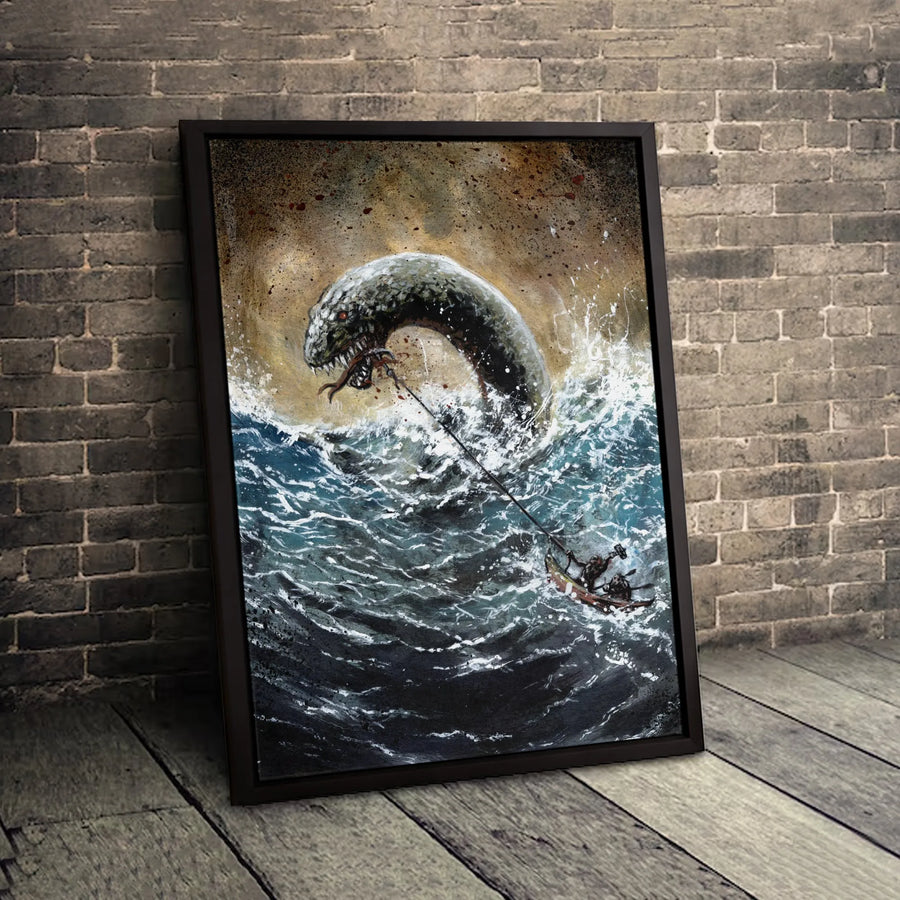 Sea Serpent Wall Art | Epic Kraken Monster Battle on Stormy Ocean | Premium Gallery-Wrapped Canvas Print | Fantasy Decor Gift for Mythical Creature Fans