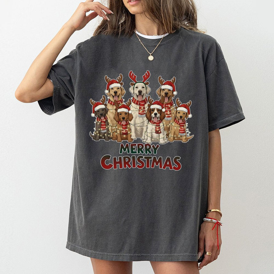 Merry Christmas Dogs T-Shirt | Cute Reindeer Puppy Holiday Graphic Tee | 100% Cotton Premium Quality | Fun Gift for Dog Moms and Animal Lovers