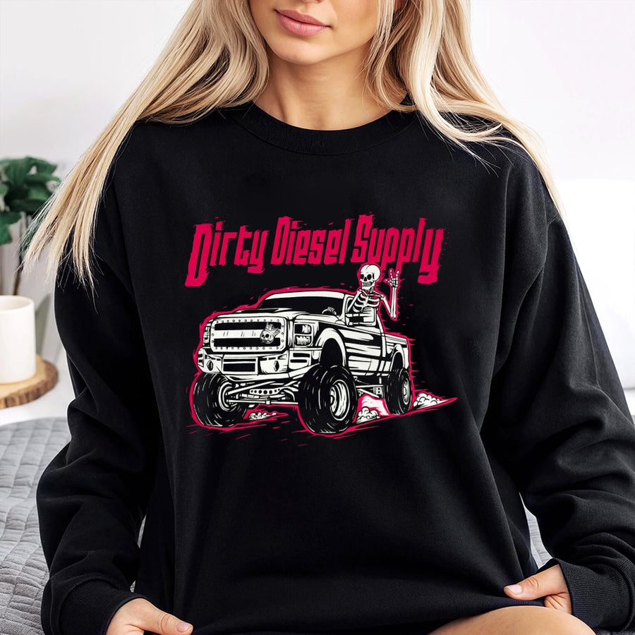 Diesel Truck Skeleton Sweatshirt | Pink Graphic Off-Road Design | Premium Cotton Blend | Gift for Truck Enthusiasts & Gearheads